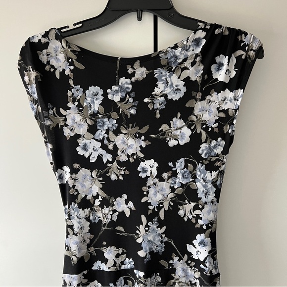 Vintage Floral Ruched Midi Dress Black Blue White Cap Sleeve 90s Cottagecore SM - Picture 6 of 9